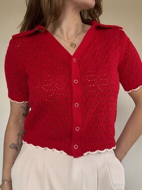 Red Cropped Button-Up Knit Top - Women's